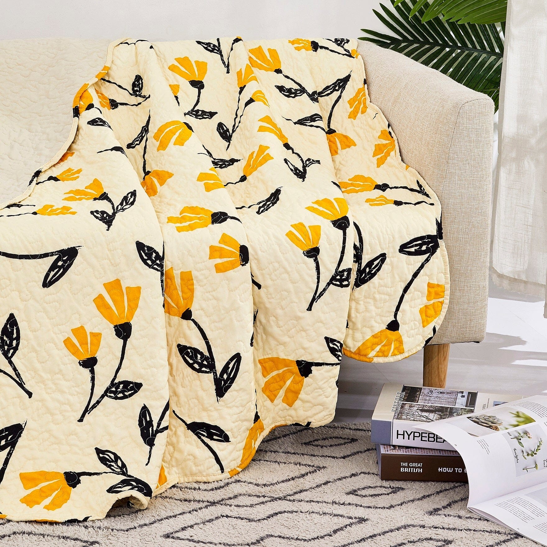 Botanical Floral Throw Blanket - Scalloped Edges Bright Vibrant Ivory Cream - 50 x 60