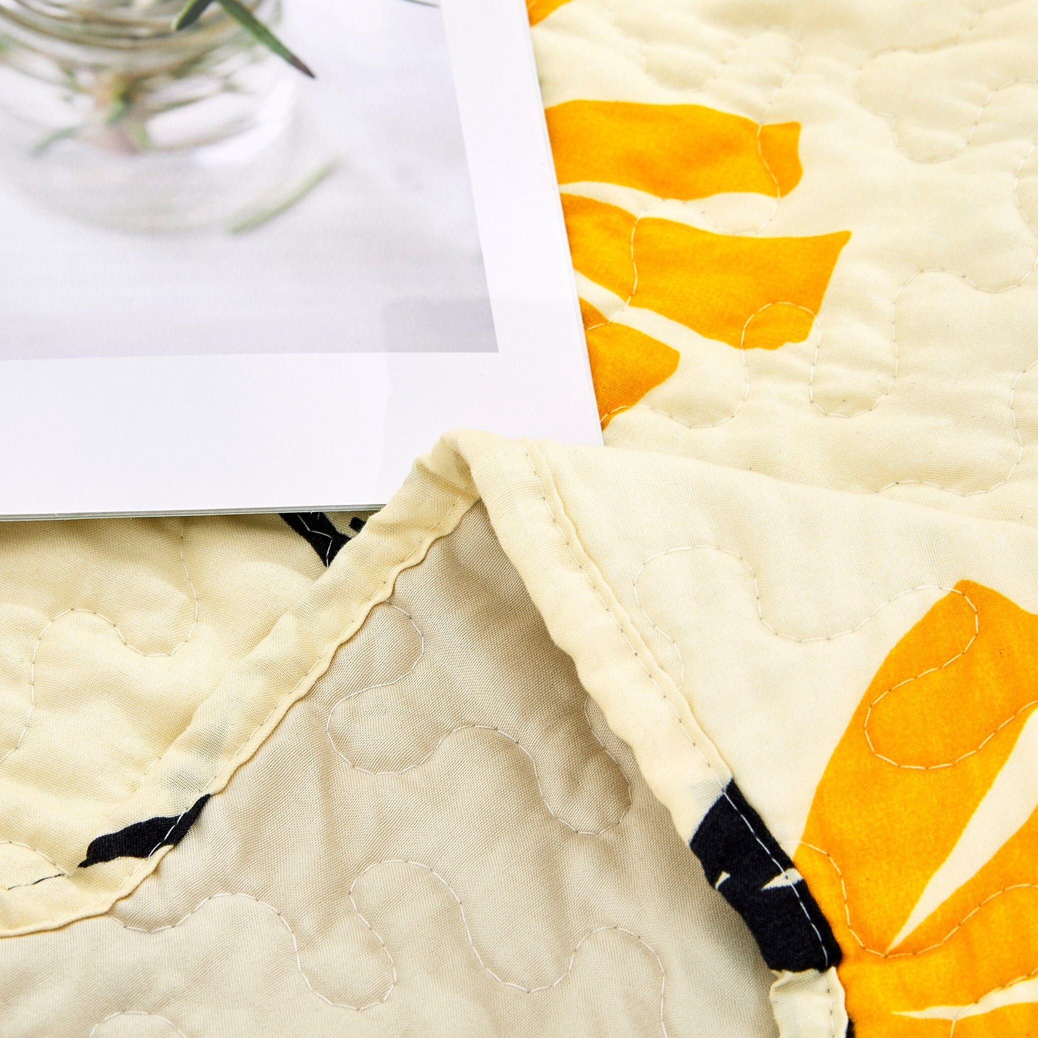 Botanical Floral Throw Blanket - Scalloped Edges Bright Vibrant Ivory Cream - 50 x 60