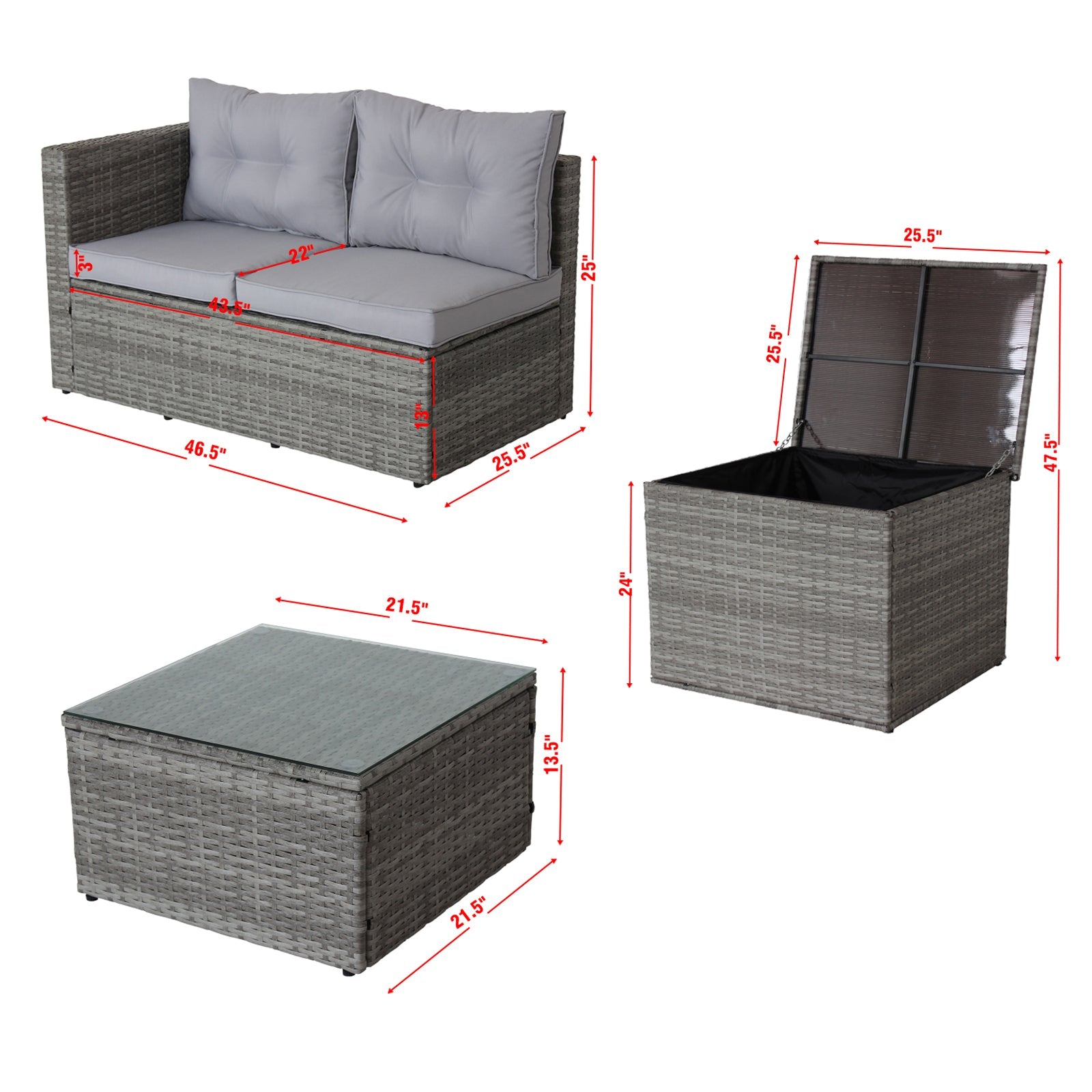 4 Piece Patio Sectional Sofa Set with Storage Box - Grey