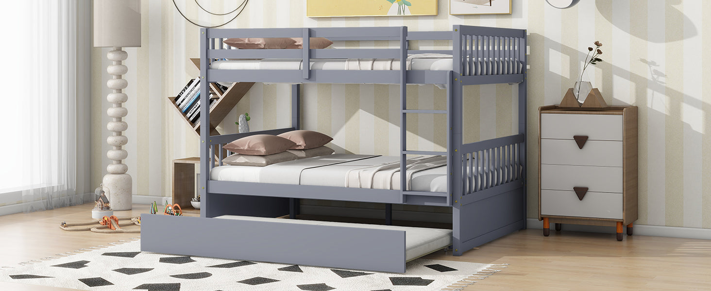 Rubber Wood Bunk Bed with Trundle, Ladder and Guardrails, Convertible to 2 Full Size Beds, Grey