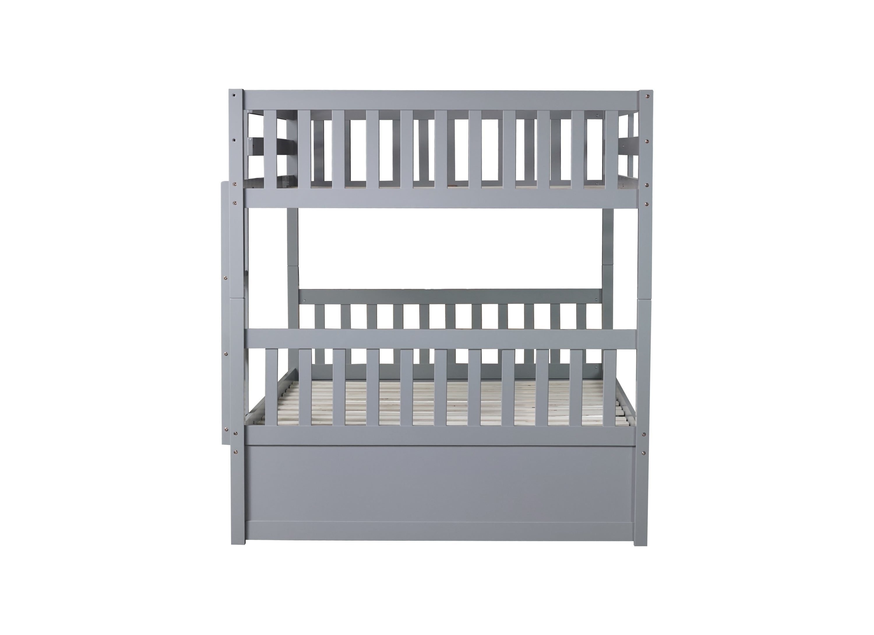 Rubber Wood Bunk Bed with Trundle, Ladder and Guardrails, Convertible to 2 Full Size Beds, Grey