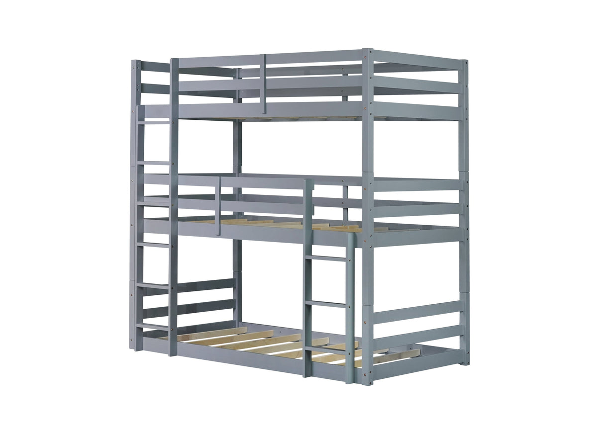Triple Rubber Wood Bunk Bed with Two Built-in Ladders, Guardrails, Detachable Triple Twin Bunk Bed, Grey