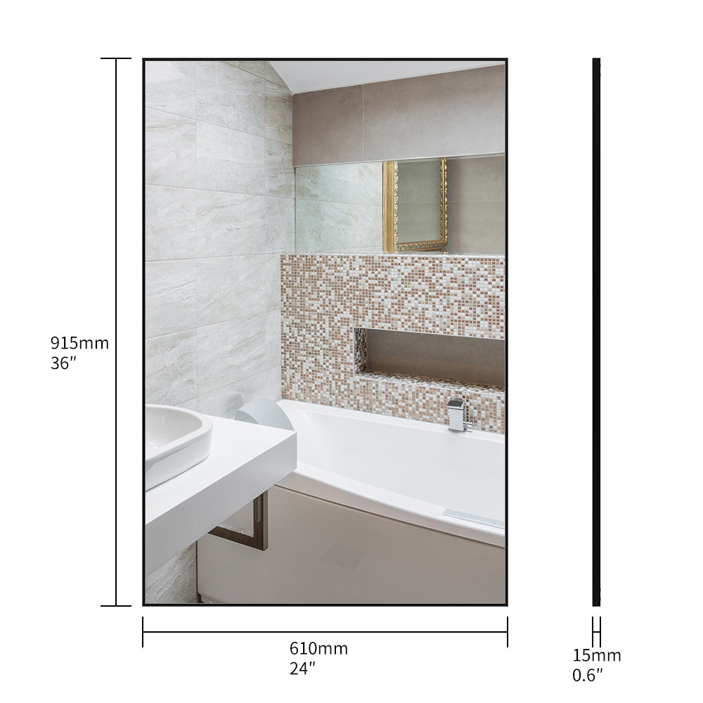 36x24 inch Modern Black Bathroom Mirror with Aluminum Frame