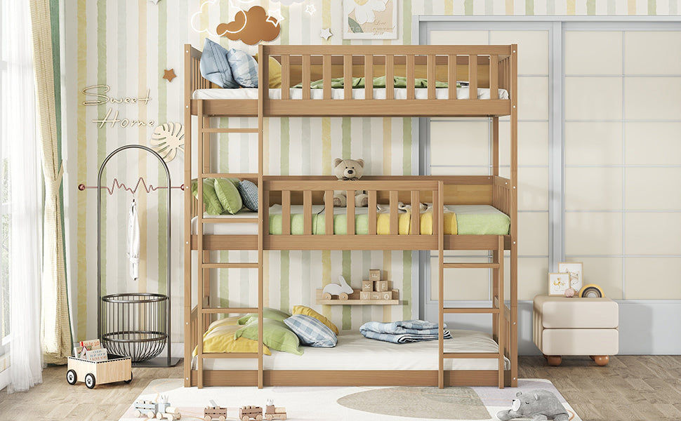 Twin Size Triple Rubber Wood Bunk Bed, with Ladders, Guardrails, Twin over Twin, Natural