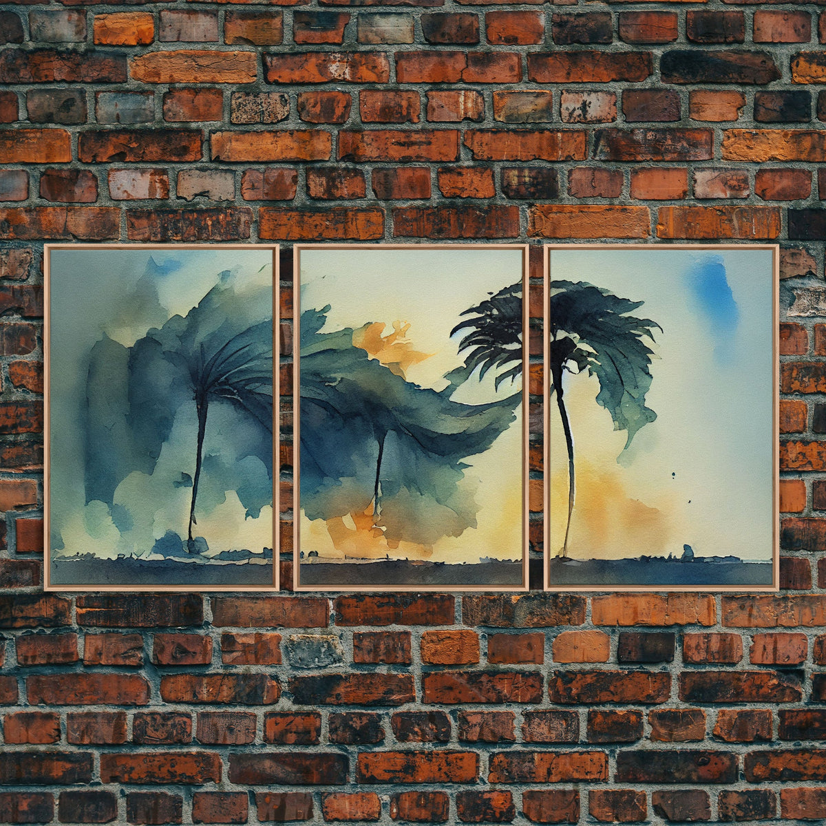 Watercolor of a Palm Tree Blowing in a Hurricane, 3 Piece Canvas Print, Wall Art