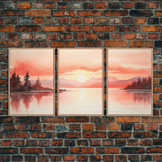 Beautiful Red Lake Sunset 3 Piece Framed Canvas Print Set