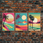 Beautiful Turquoise Retro Style Beach Art, Triptych 3 Panel Framed Canvas Prints