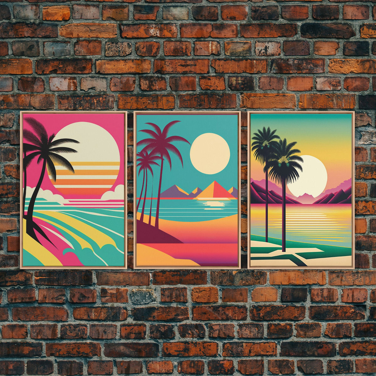 Beautiful Turquoise Retro Style Beach Art, Triptych 3 Panel Framed Canvas Prints