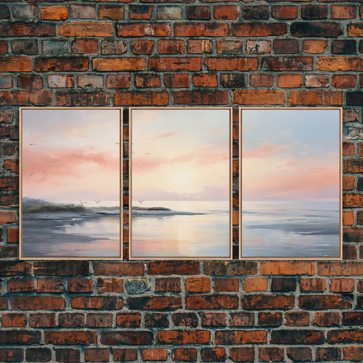 Pink Abstract Coastal Painting Canvas Print 3 Piece Wall Art