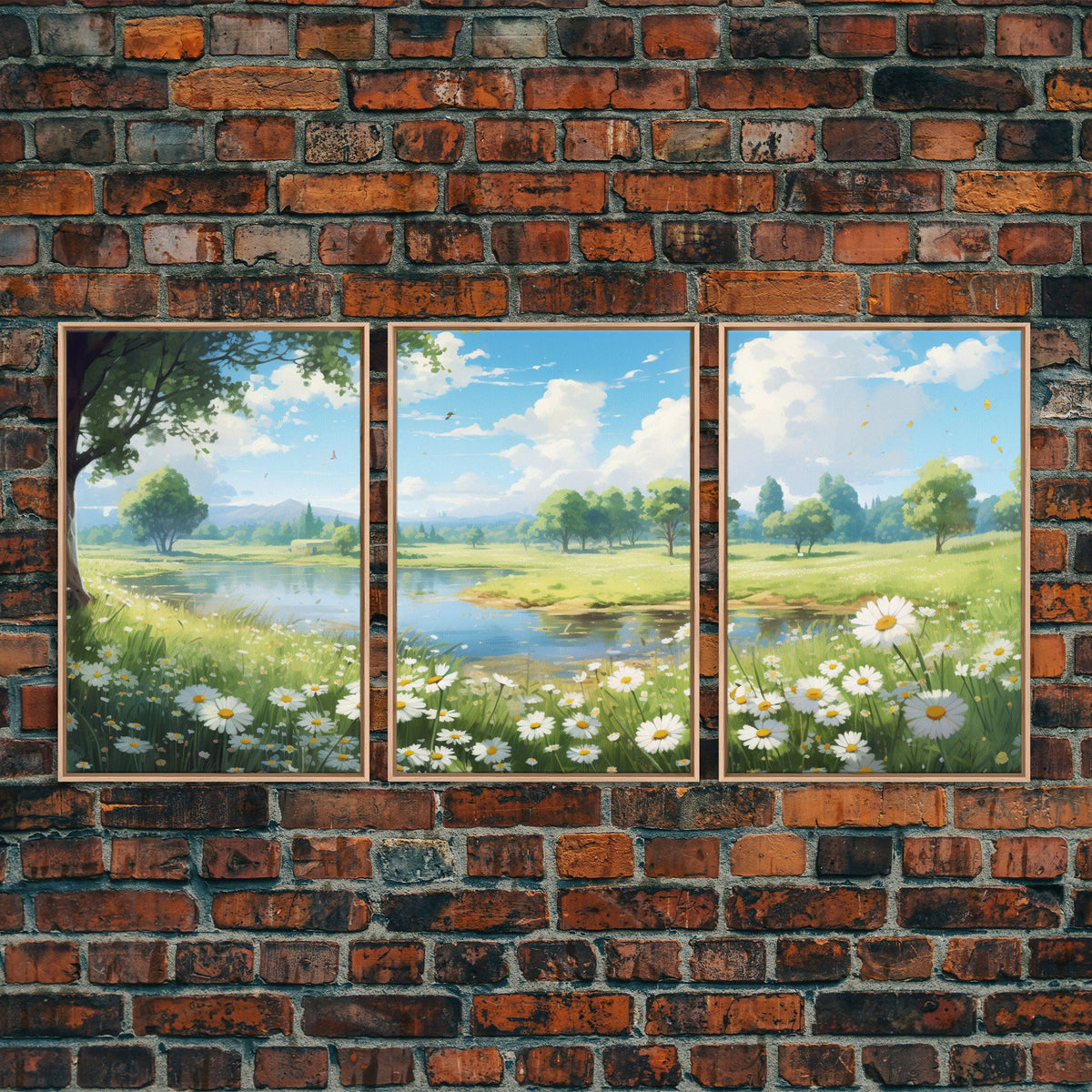 Beautiful Spring Meadow Landscape Painting 3 Piece Set, Wall Art