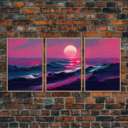Outrun Style Synthwave Sunset Ocean Waves, 3 Piece Canvas Print