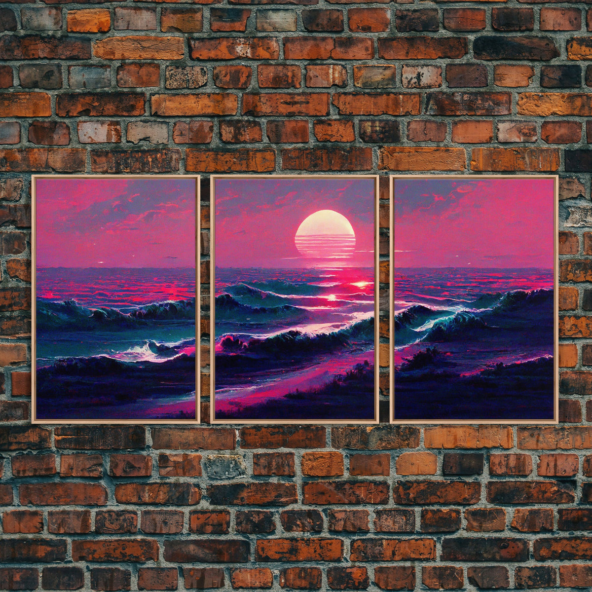 Outrun Style Synthwave Sunset Ocean Waves, 3 Piece Canvas Print