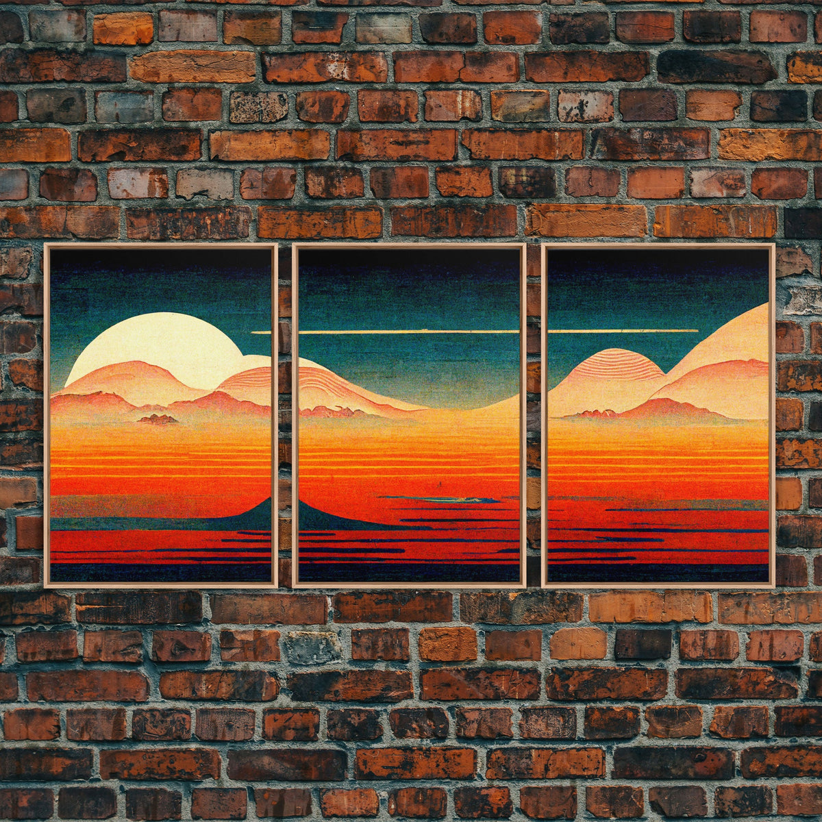 Retro Japanese Style Sunset Art, 3 Piece Wall Art, Canvas Print