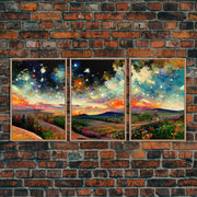 Night Starry Sky Landscape, 3 Piece Wall Art, Ready To Hang Canvas Print