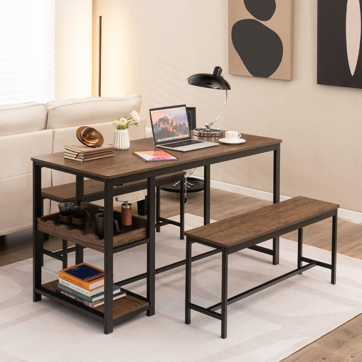 3 Pieces Dining Table Set for 4 with Wine Rack - Brown