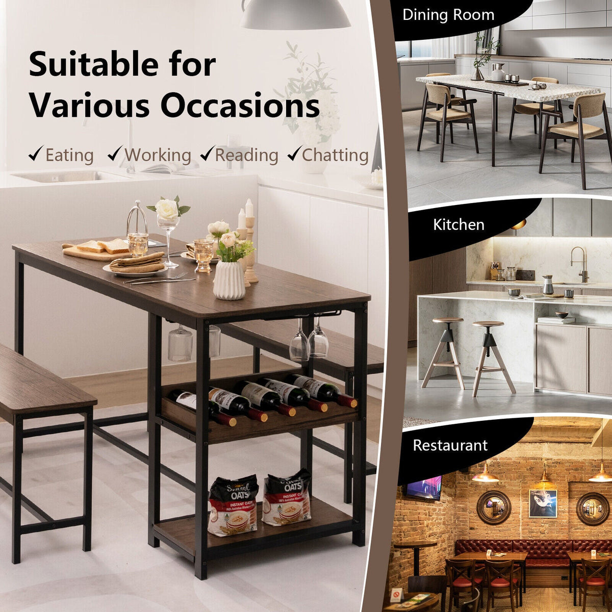 3 Pieces Dining Table Set for 4 with Wine Rack - Brown