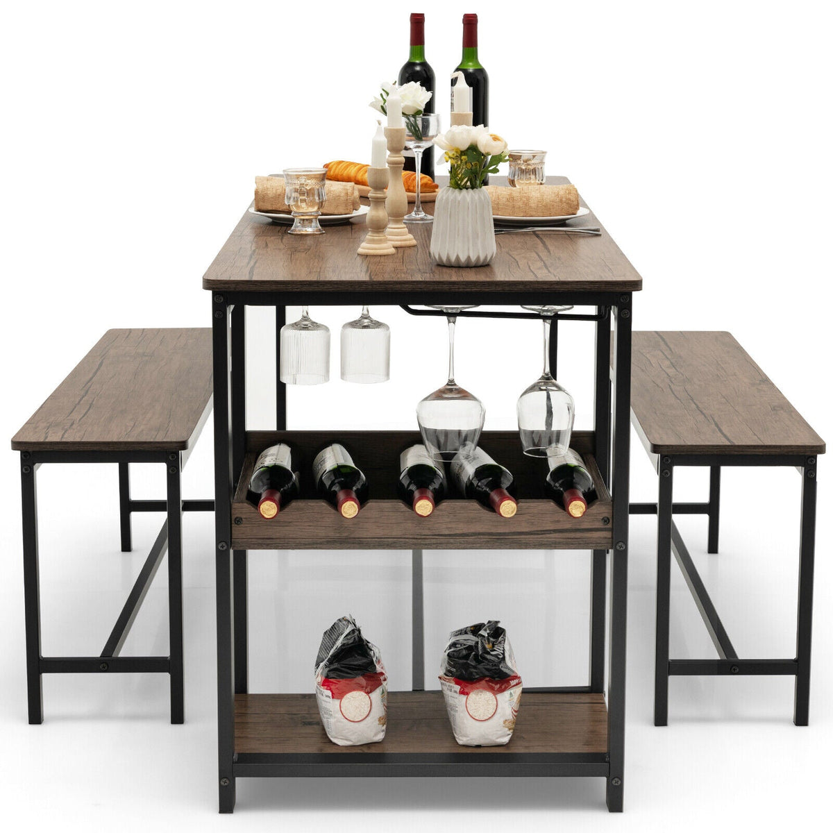 3 Pieces Dining Table Set for 4 with Wine Rack - Brown