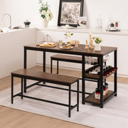 3 Pieces Dining Table Set for 4 with Wine Rack - Brown