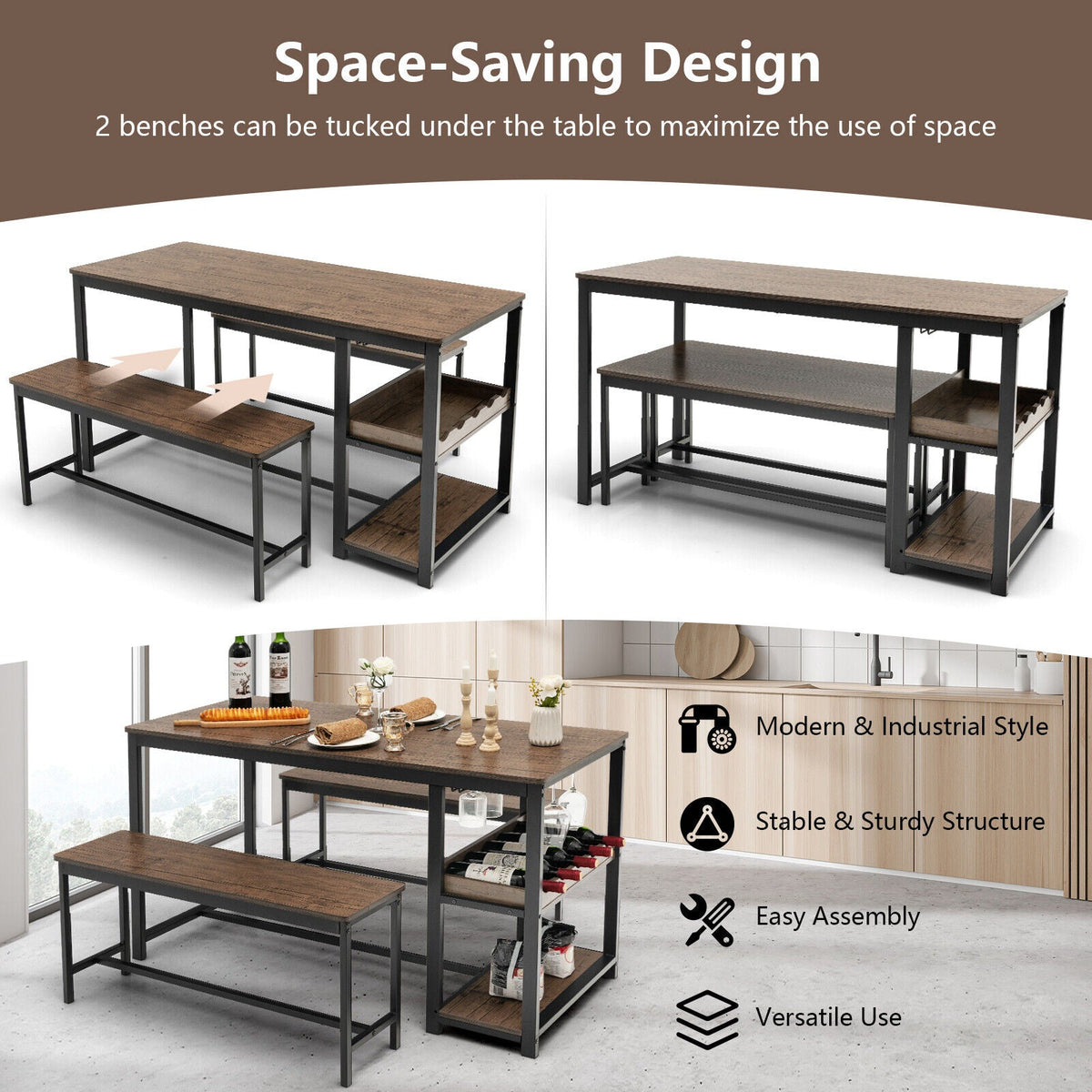 3 Pieces Dining Table Set for 4 with Wine Rack - Brown