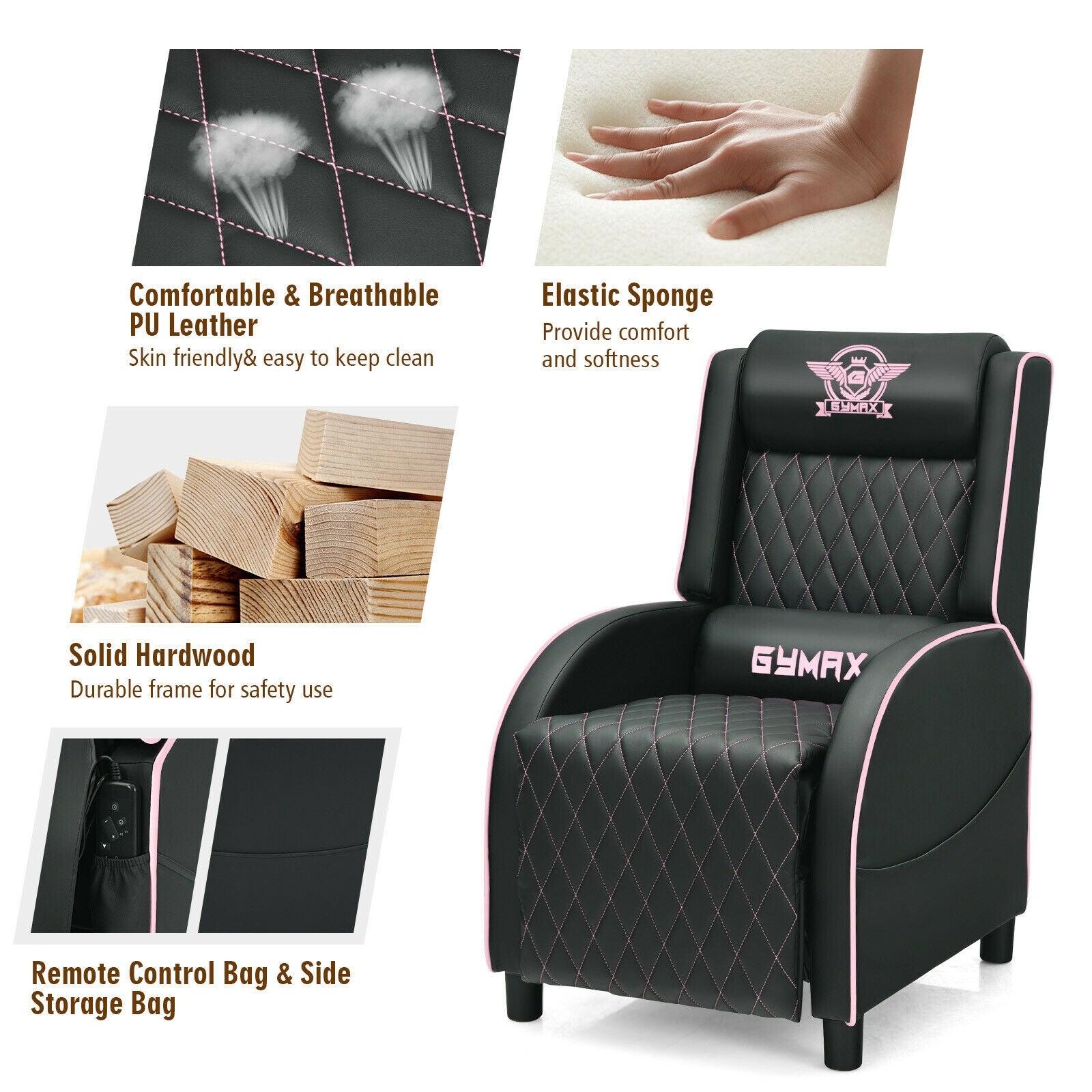 Pink Massage Gaming Recliner Chair with Headrest and Adjustable Backrest