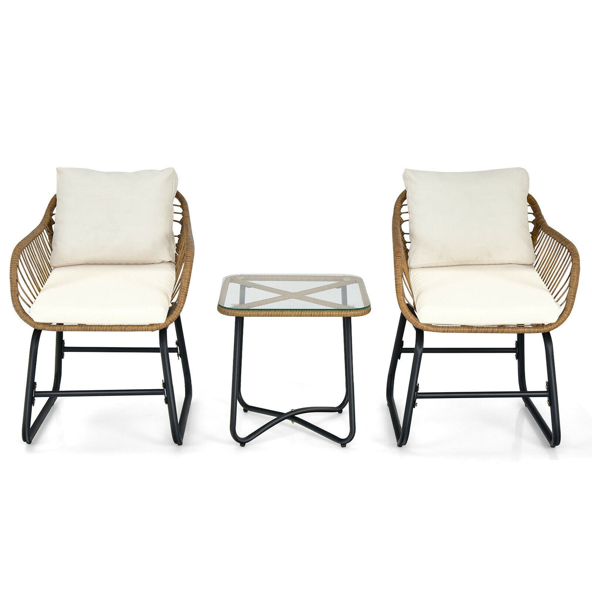 3-Piece Patio Bistro Set with 2 Rattan Chairs and Coffee Table - White