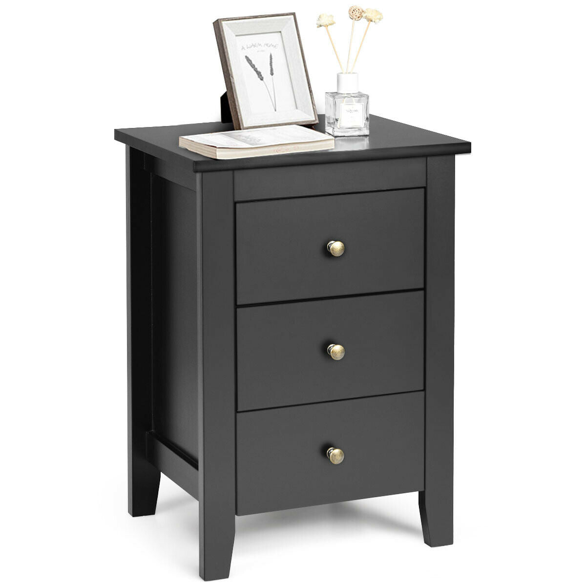 Set of 2 Nightstand End Beside Table Drawers-Black