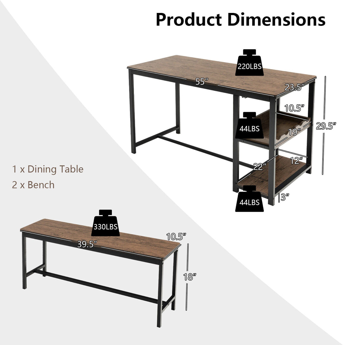 3 Pieces Dining Table Set for 4 with Wine Rack - Brown