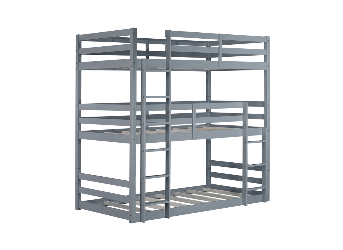 Triple Rubber Wood Bunk Bed with Two Built-in Ladders, Guardrails, Detachable Triple Twin Bunk Bed, Grey