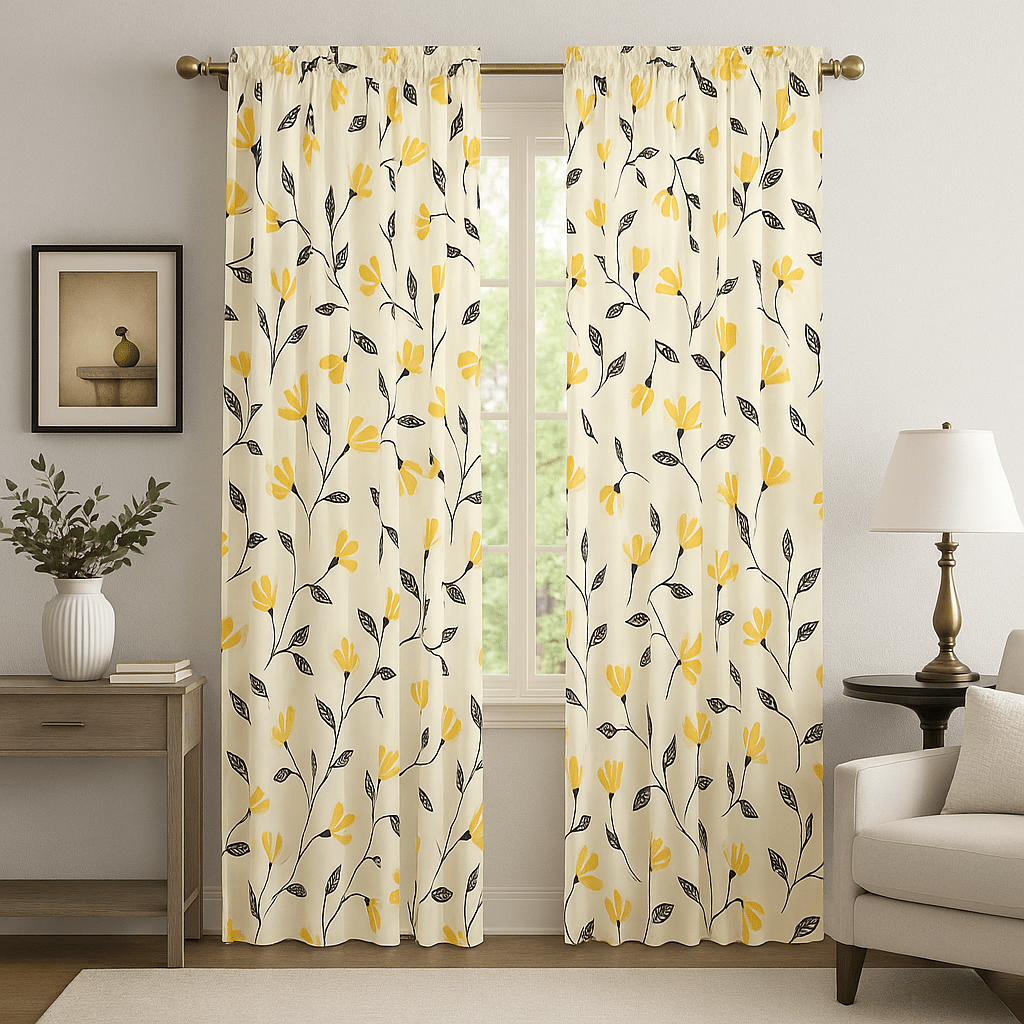 Set of 2 Botanical Floral Window Curtain Panels - Natural Semi Sheer