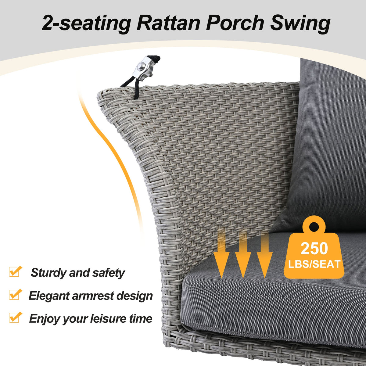 2-Person Rattan Woven Swing Chair, Gray Wicker And Cushion