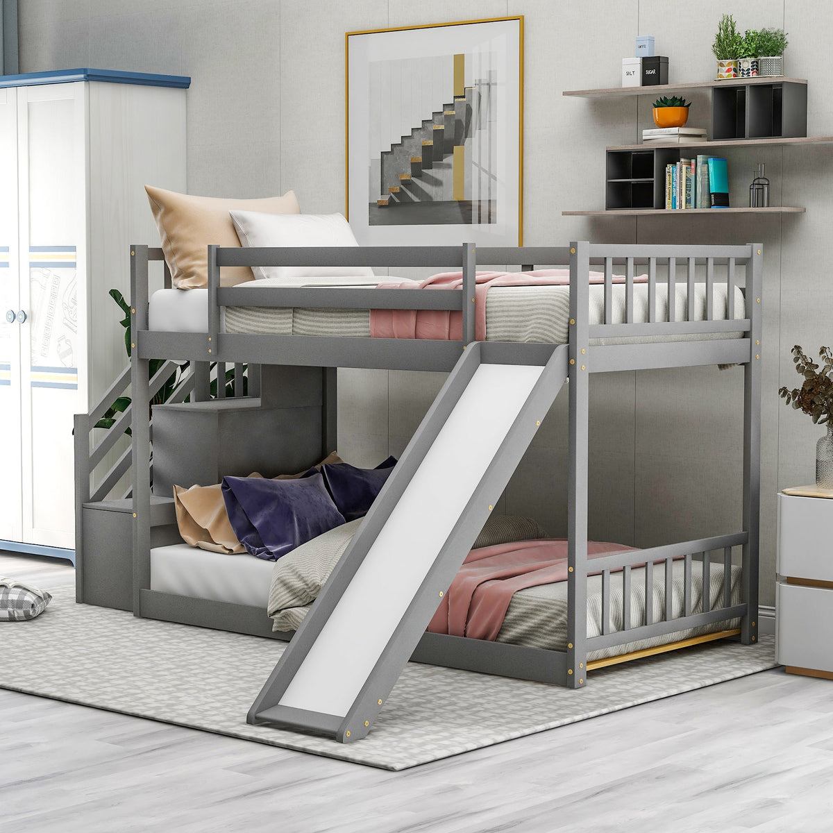 Twin-Over-Twin Bunk Bed with Convertible Slide and Stairway, Gray