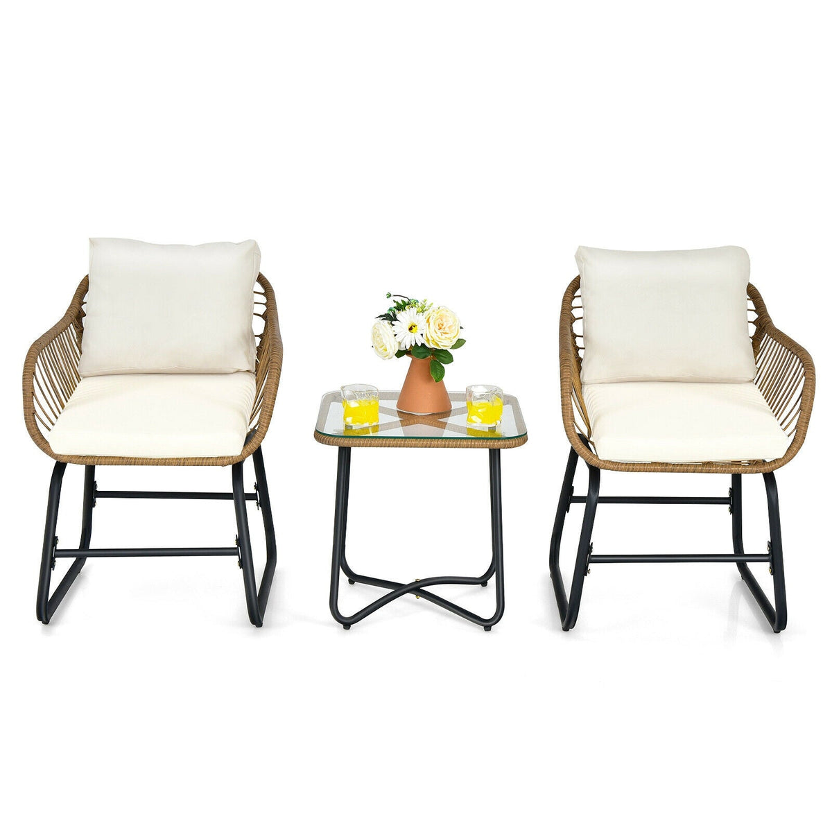 3-Piece Patio Bistro Set with 2 Rattan Chairs and Coffee Table - White