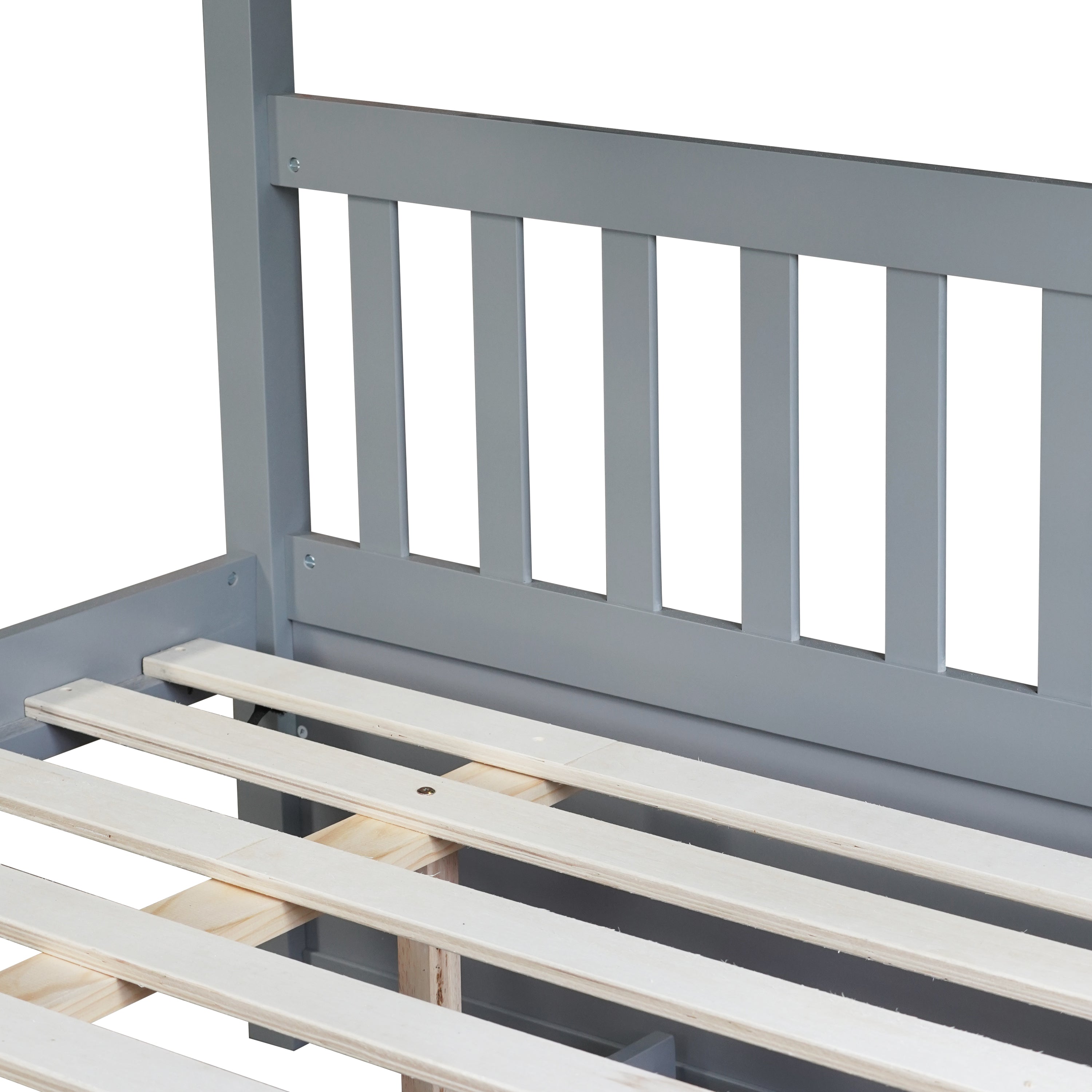 Rubber Wood Bunk Bed with Trundle, Ladder and Guardrails, Convertible to 2 Full Size Beds, Grey