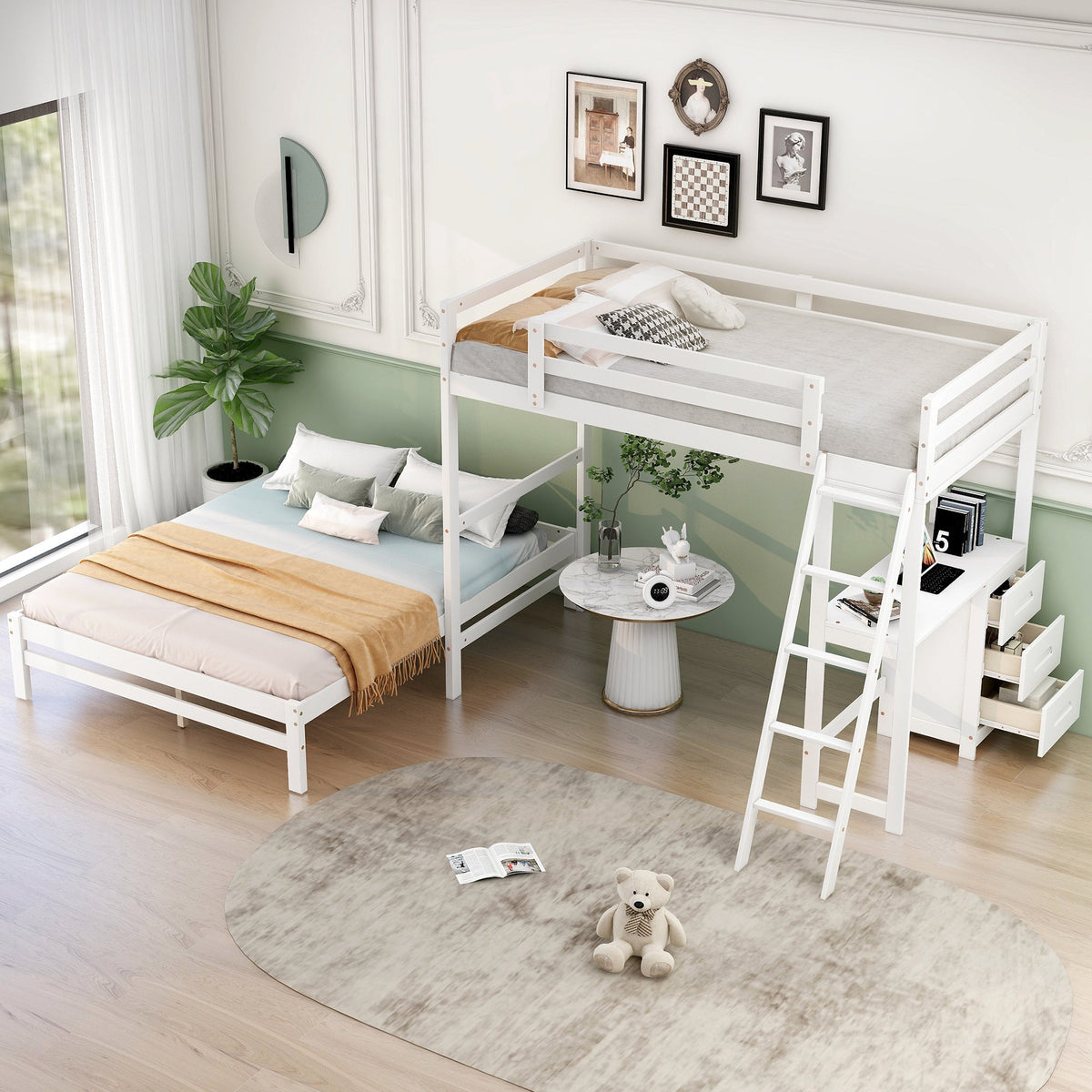 Twin-Over-Full Bunk Bed with Built-in Desk and Three Drawers, White