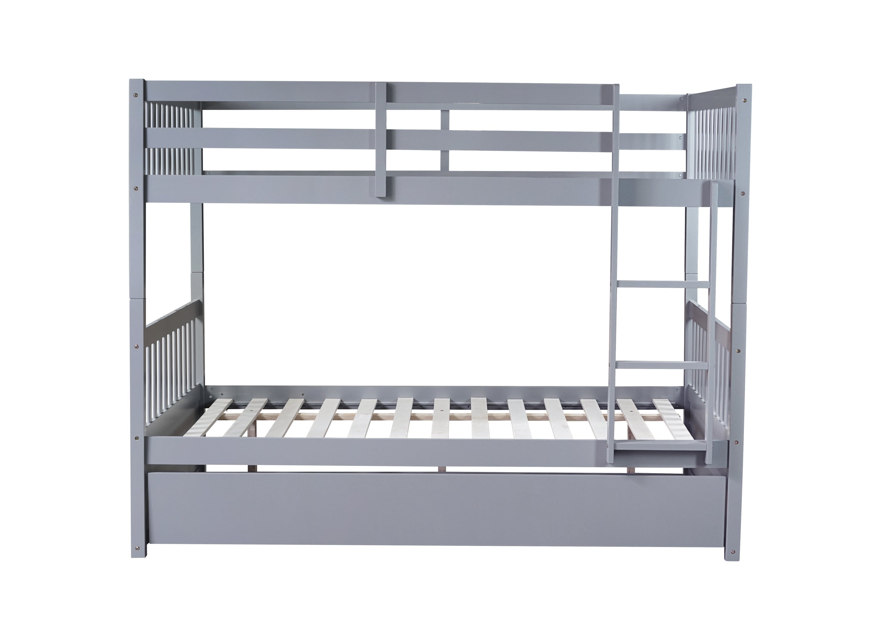 Rubber Wood Bunk Bed with Trundle, Ladder and Guardrails, Convertible to 2 Full Size Beds, Grey