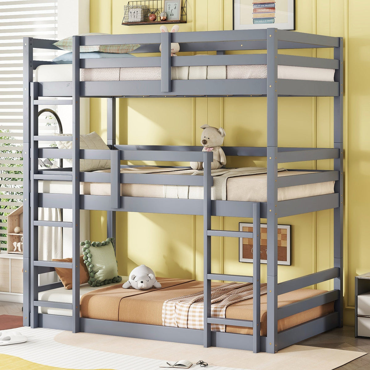 Triple Rubber Wood Bunk Bed with Two Built-in Ladders, Guardrails, Detachable Triple Twin Bunk Bed, Grey