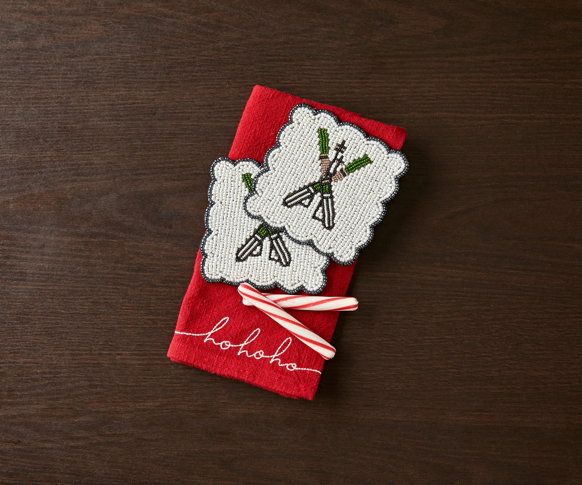 Handmade Beaded Ski Coaster with Pearls – Elegant Black, White, and Green