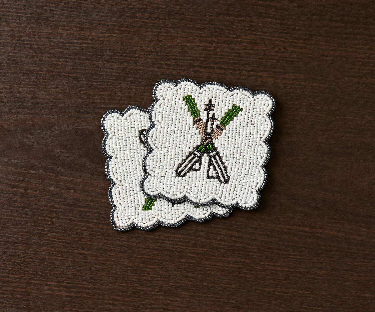 Handmade Beaded Ski Coaster with Pearls – Elegant Black, White, and Green