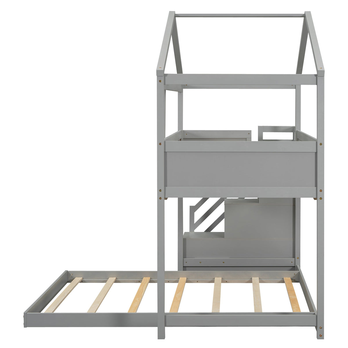 Twin-Over-Full House Bunk Bed with Storage Staircase and Blackboard, Gray