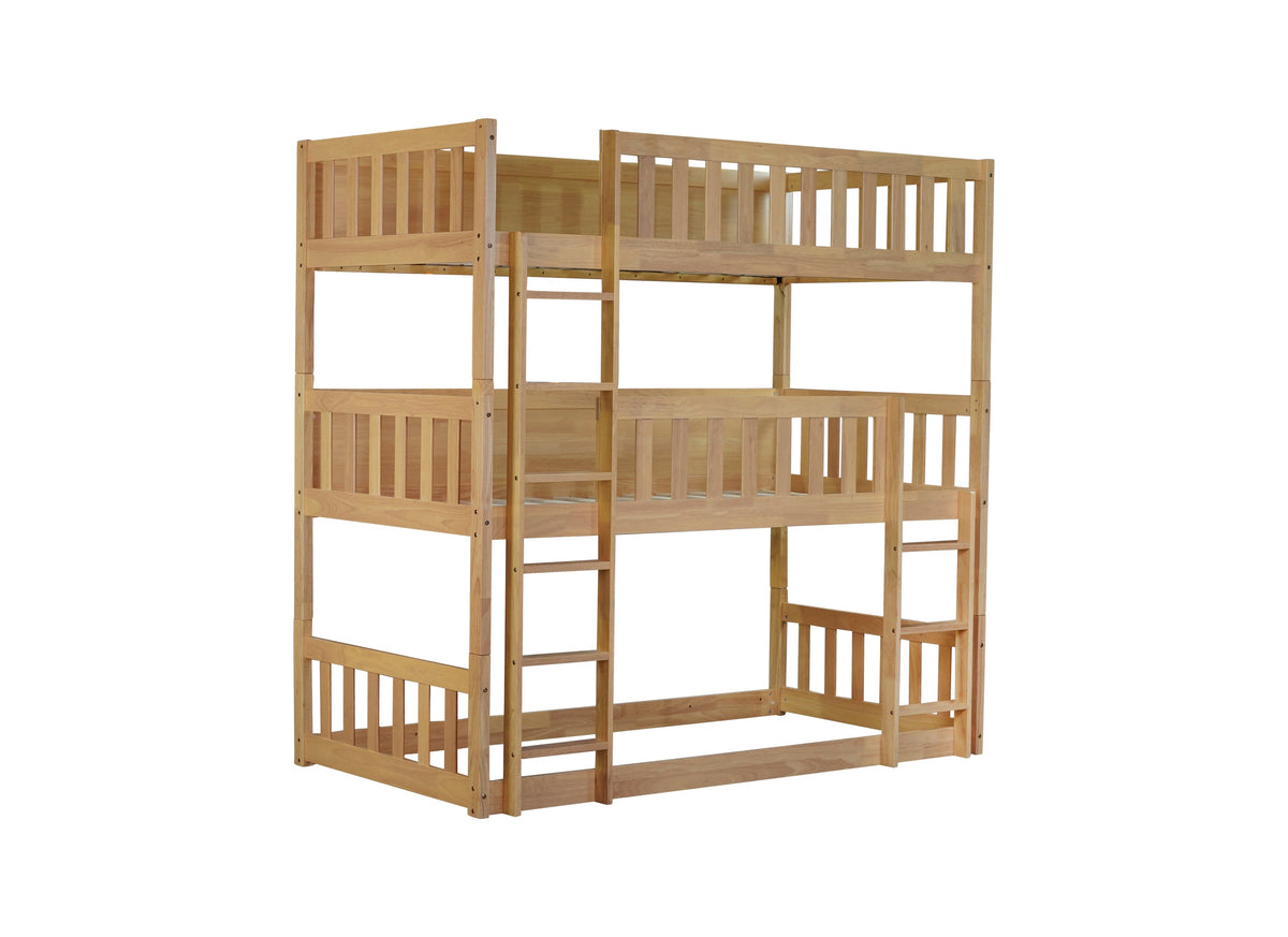 Twin Size Triple Rubber Wood Bunk Bed, with Ladders, Guardrails, Twin over Twin, Natural