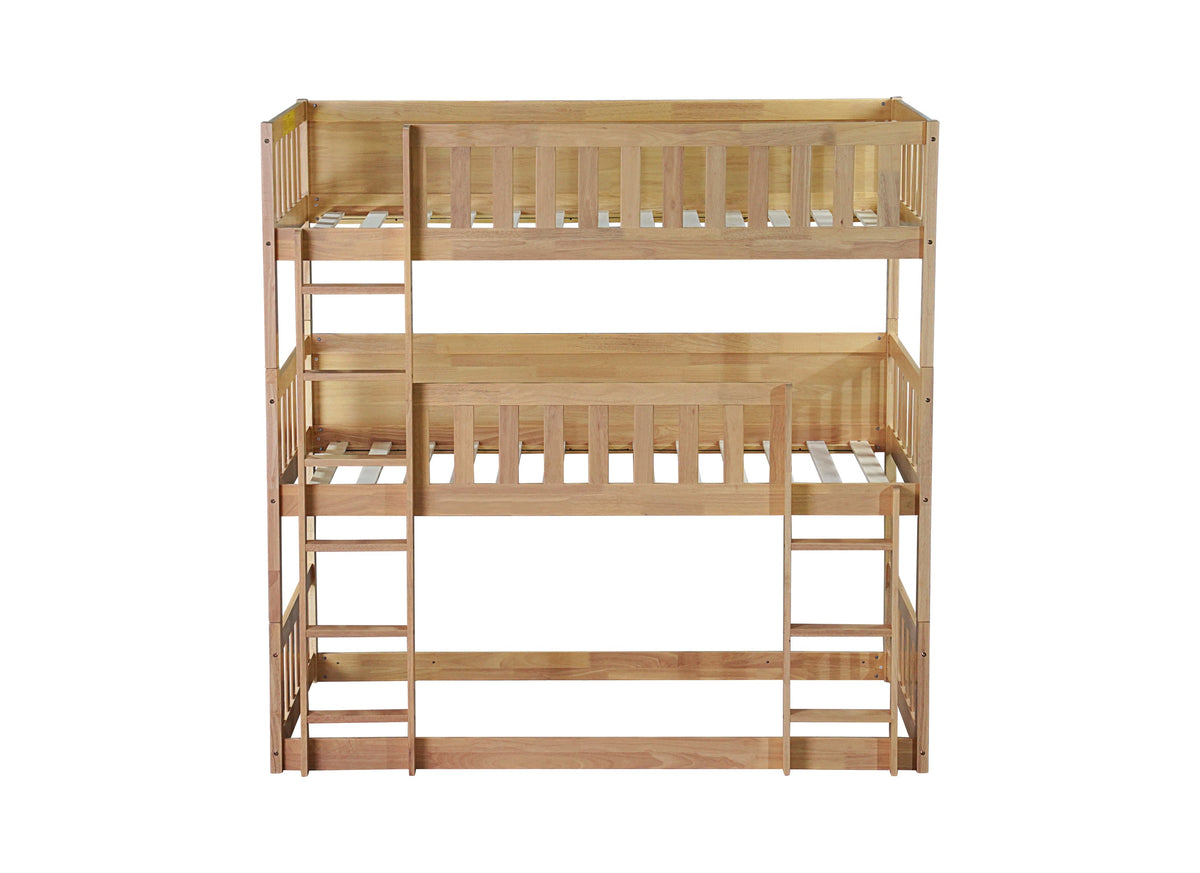 Twin Size Triple Rubber Wood Bunk Bed, with Ladders, Guardrails, Twin over Twin, Natural