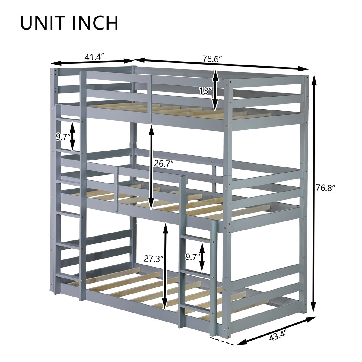Triple Rubber Wood Bunk Bed with Two Built-in Ladders, Guardrails, Detachable Triple Twin Bunk Bed, Grey