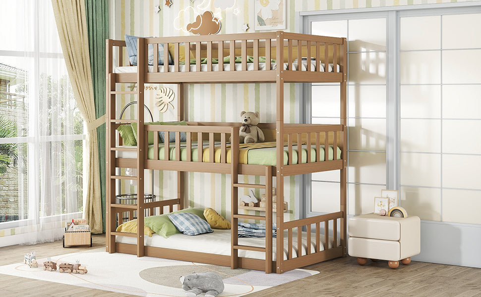 Twin Size Triple Rubber Wood Bunk Bed, with Ladders, Guardrails, Twin over Twin, Natural