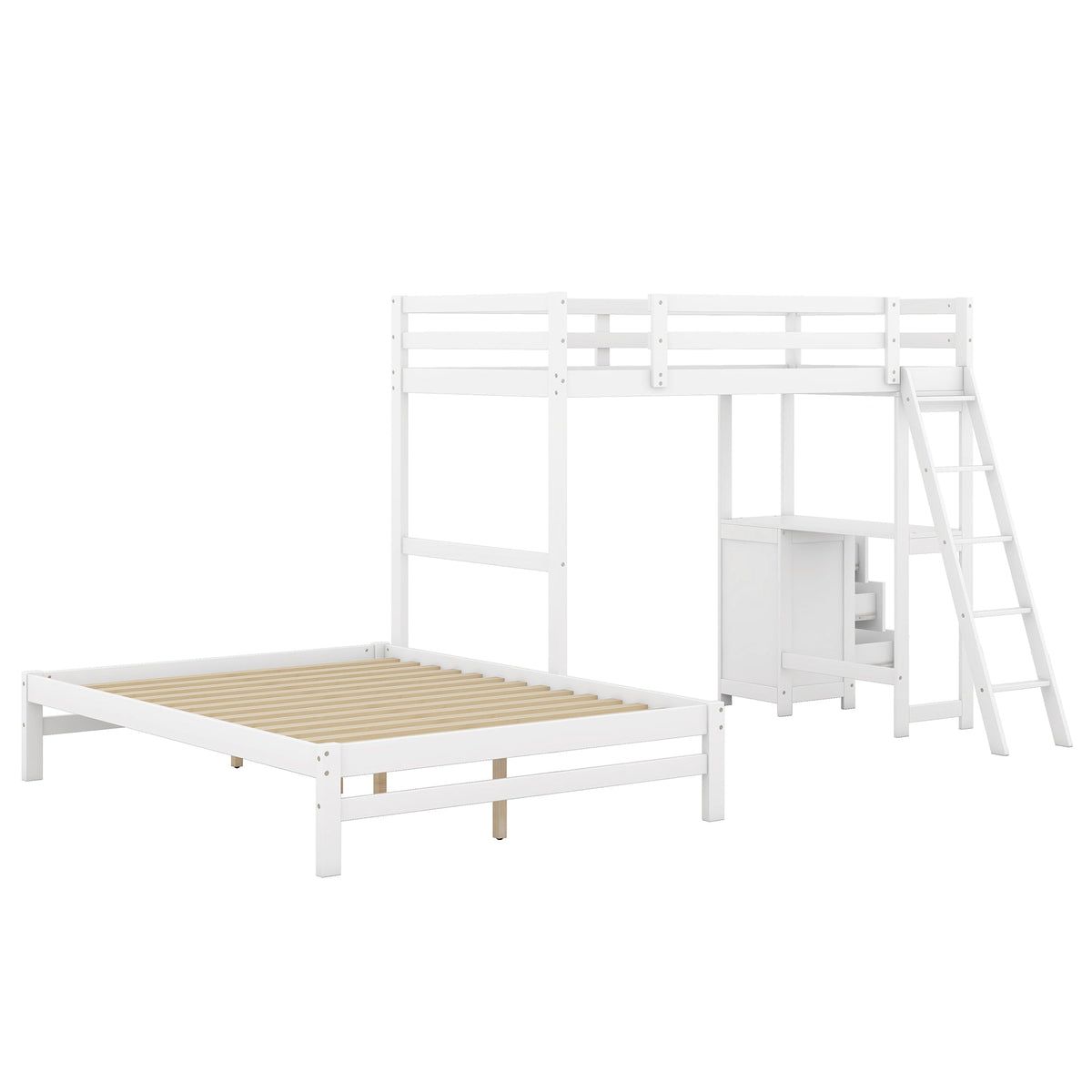 Twin-Over-Full Bunk Bed with Built-in Desk and Three Drawers, White