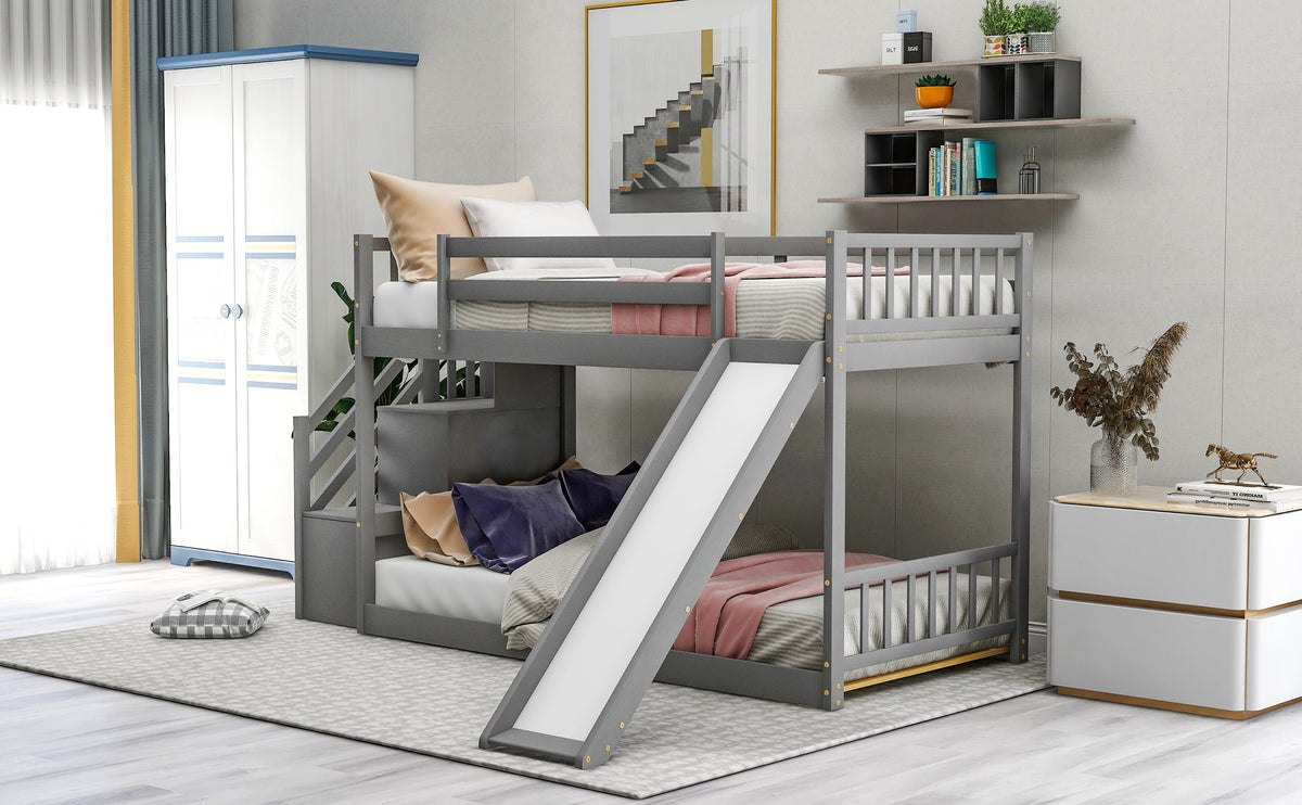 Twin-Over-Twin Bunk Bed with Convertible Slide and Stairway, Gray