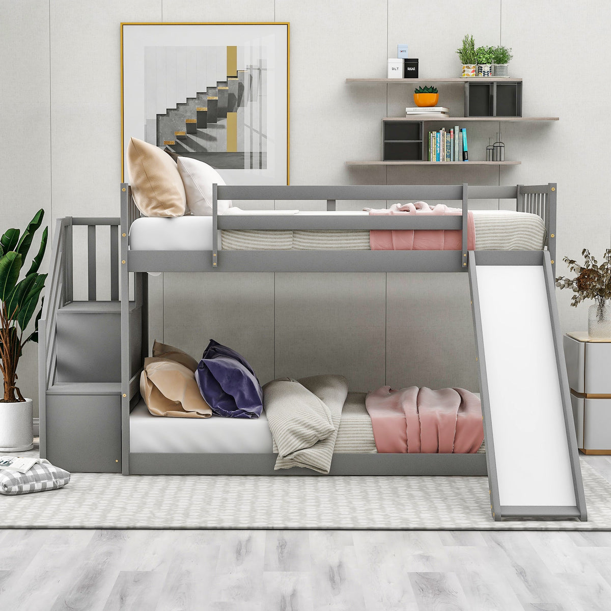 Twin-Over-Twin Bunk Bed with Convertible Slide and Stairway, Gray