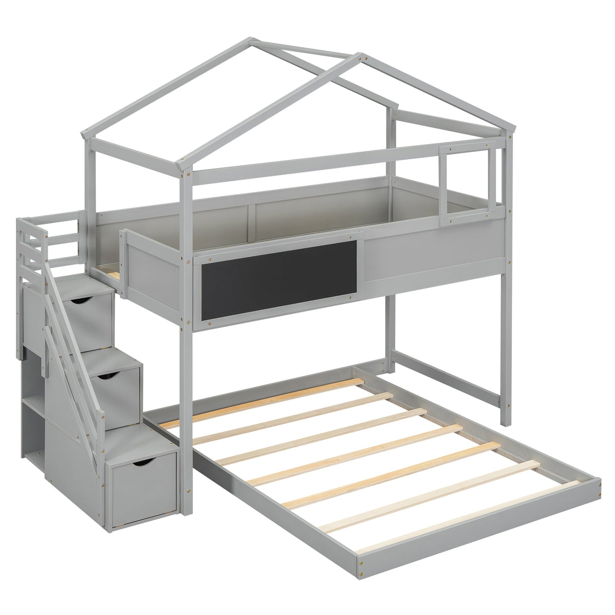 Twin-Over-Full House Bunk Bed with Storage Staircase and Blackboard, Gray