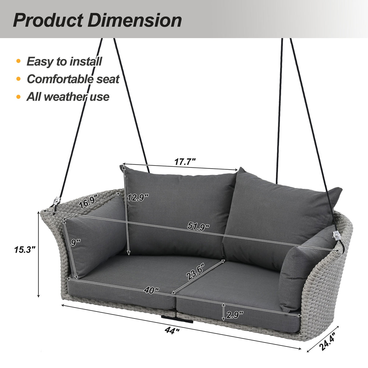 2-Person Rattan Woven Swing Chair, Gray Wicker And Cushion