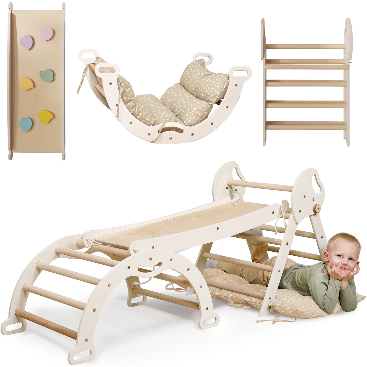 4-in-1 Montessori Climbing Set: Pikler Triangle, Arch, Slide Board, and Cushion for Toddlers (1–3 Years)