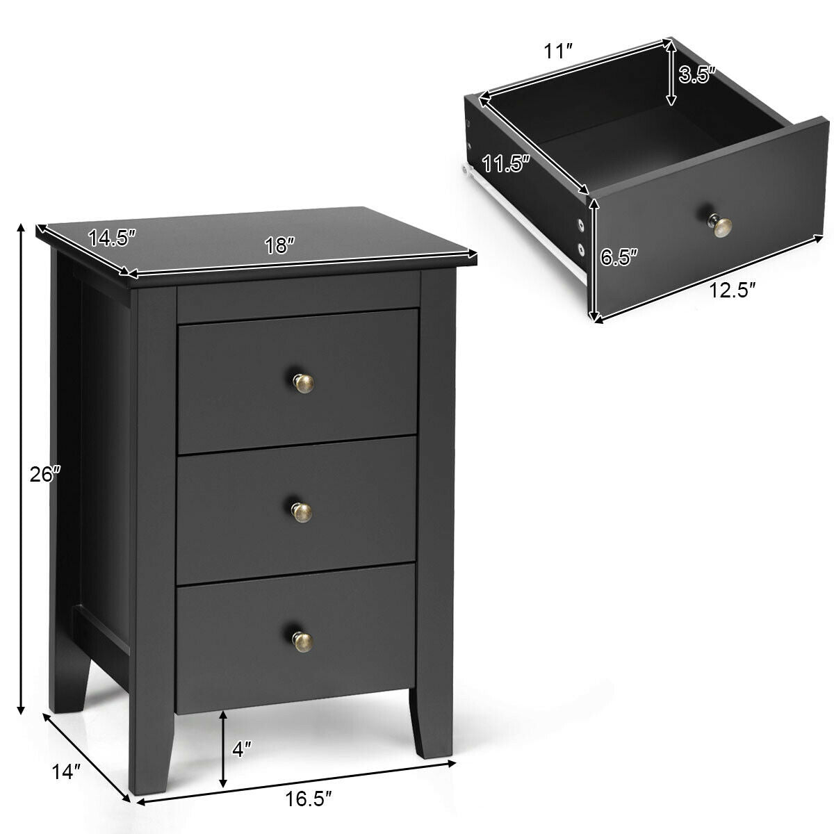 Nightstand End Beside Table Drawers -Black